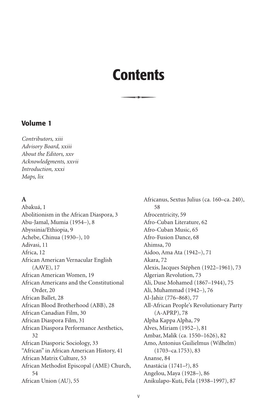 Encyclopedia of the African Diaspora: Origins, Experiences, and Culture [3 volumes] page Vol1:v