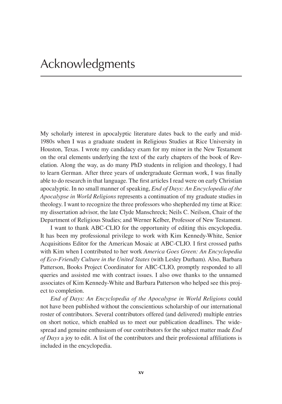 End of Days: An Encyclopedia of the Apocalypse in World Religions page xv