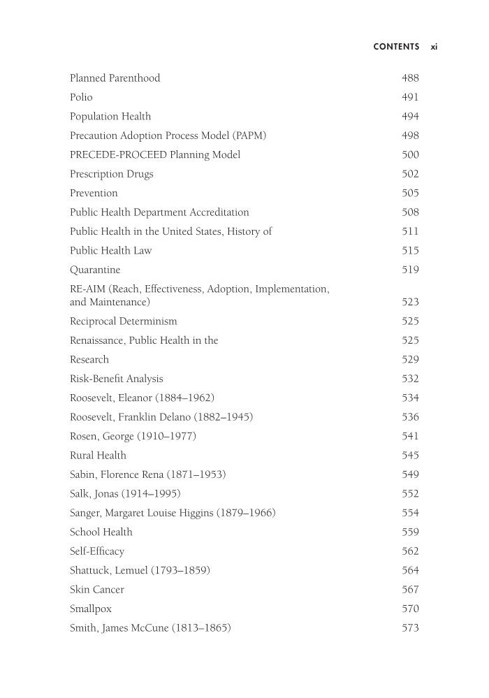 Encyclopedia of Public Health: Principles, People, and Programs [2 volumes] page xi