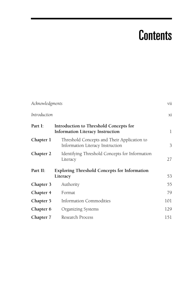 Transforming Information Literacy Instruction: Threshold concepts in theory and practice page v